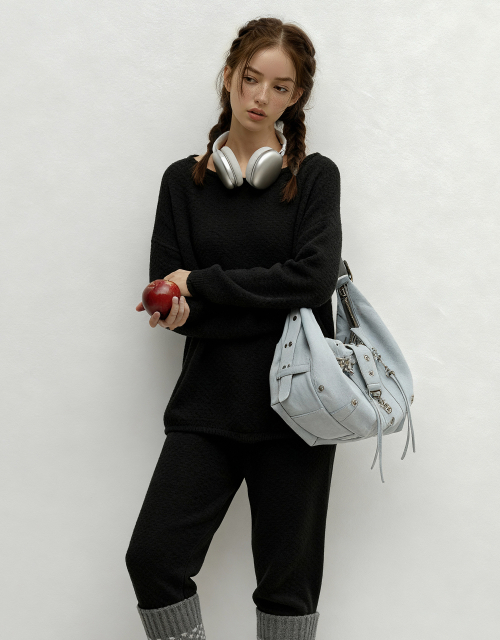 Fluffy Boatneck Pajama Set – Soft Cozy Sleepwear Black