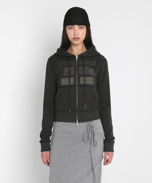 BRUSHED PATCH HOODED ZIP UP_CHARCOAL