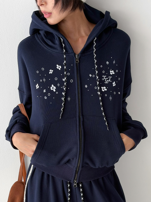 Terry Crop Hooded Zip-Up [Navy]