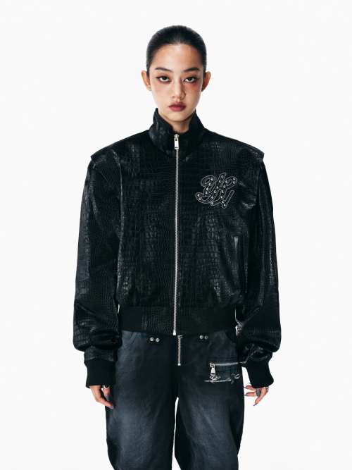 FAUX CROCODILE LEATHER WINGED JACKET BLACK
