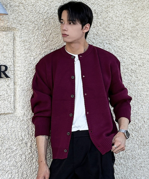 세미 크롭 니트 라운드 가디건 버건디