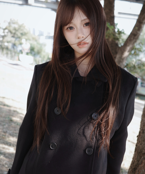 Heart Point Double Button Half Coat Black