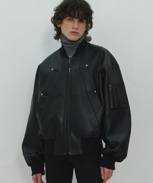 UNISEX, 4 Pocket Vegan Leather MA-1 Jacket / Black