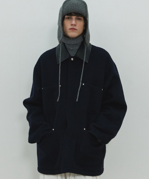 UNISEX, Studed Wool Half Coat / Navy