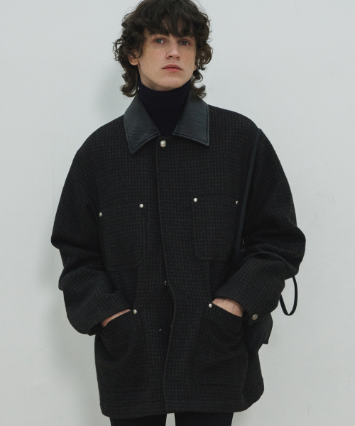 UNISEX, Studed Wool Half Coat / Brown check