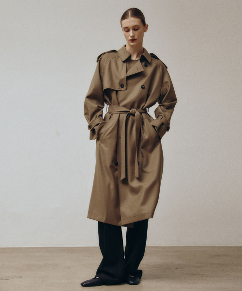 BELTED DOUBLE BREASTED WOOL TRENCH COAT (KHAKI)