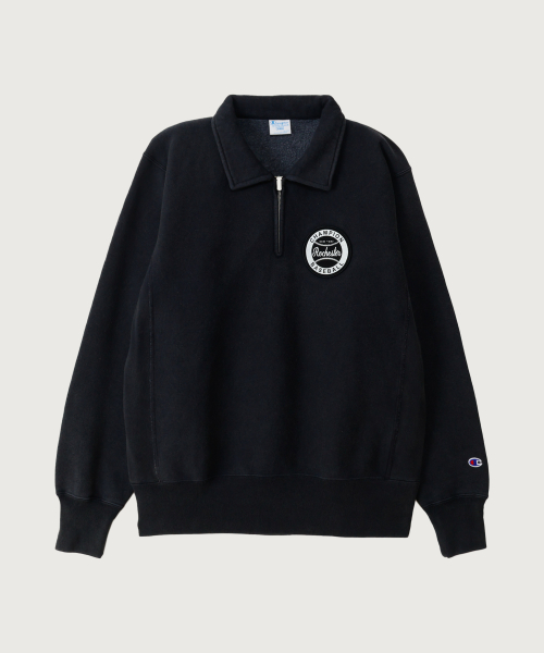 리버스위브 BASEBALL 패치 레귤러핏 기모 하프 집업 Off Black
