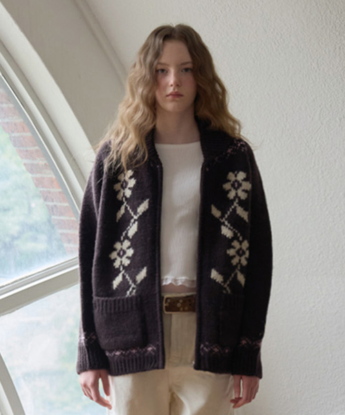 Wool 100% — Daph жаккардовый кардиган на молнии с цветами 2 цвета