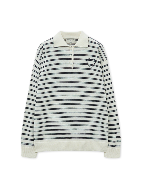 HEART LOGO COLLAR STRIPED PULLOVER IN IVORY
