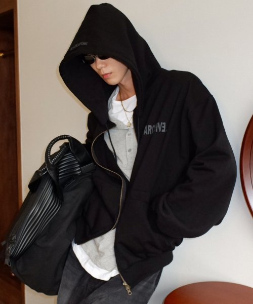 dual pocket heavy sweat hood zip up (черный)