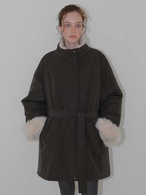 Belt Fur Padded Coat, Charcoal