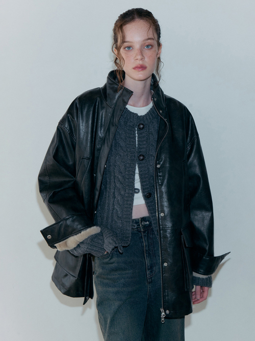 Faux Leather Fur Coat, черный