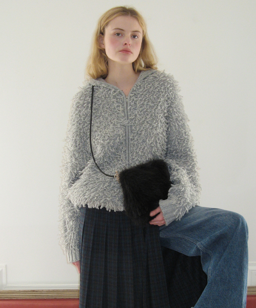 Sinoon Fringe Hooded Knit Zip-up (Melange серый)