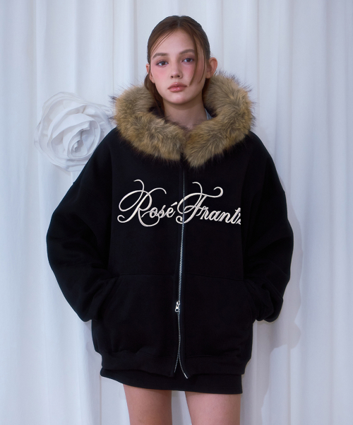 로제프란츠(ROSEFRANTZ) Fur Overfit Lettering Hood Zip-up [Black