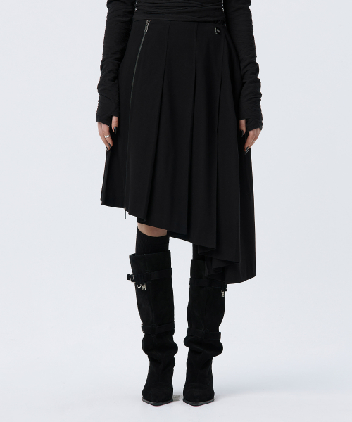Pleated Asymmetric Skirt [ Black ]