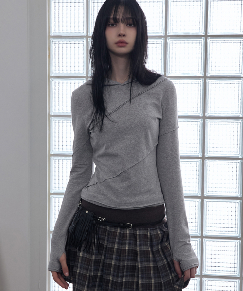 Diagonal Cut Slim Fit Hoodie Melange серый