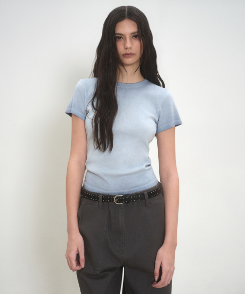 Womens Dirty Dyed Slim Crew Neck T-рубашка [Dusty синий]