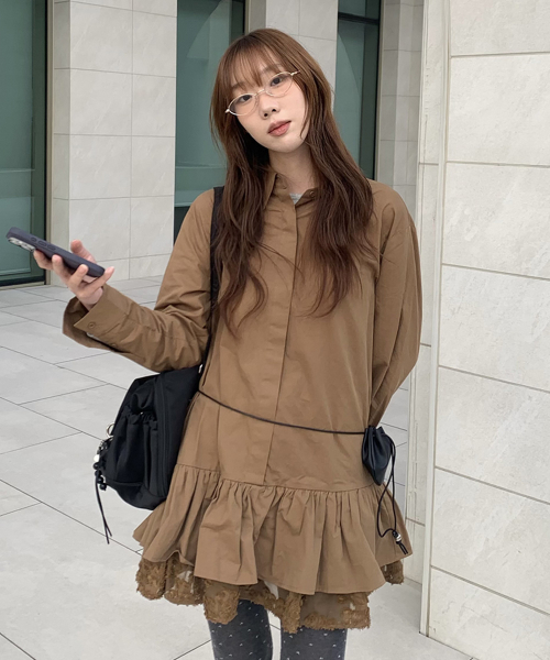 Ruffle layered shirt dress BROWN