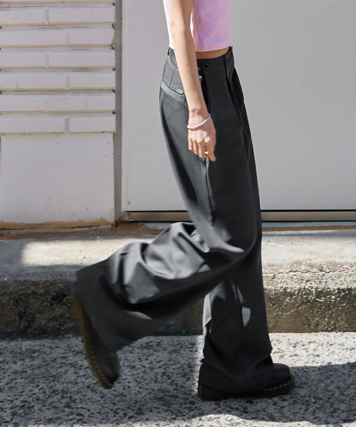 ONE-TUCK SIDE BUTTON WIDE SLACKS, CHARCOAL