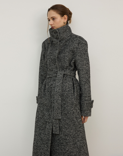 Длинное шерстяное пальто HERRINGBONE WOOL LONG COAT