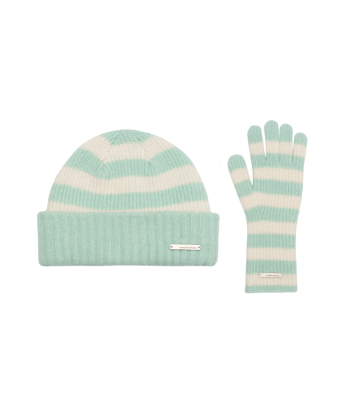 HAIRY STRIPE GLOVES & BEANIE SET MINT