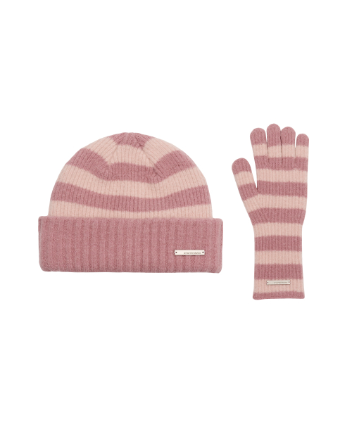 HAIRY STRIPE GLOVES & BEANIE SET PINK