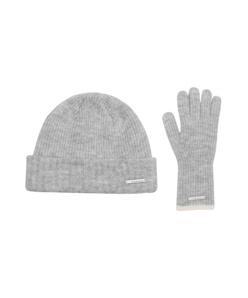 HAIRY STRIPE GLOVES & BEANIE SET GREY