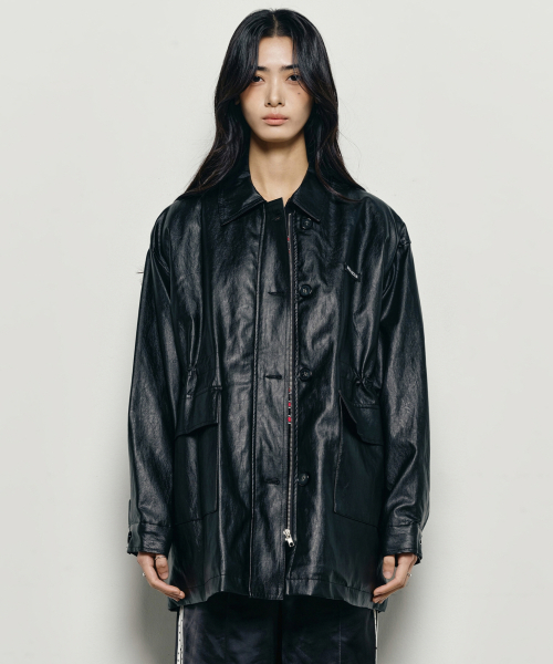 MIDI HALF LEATHER PADDING JACKET_BLACK
