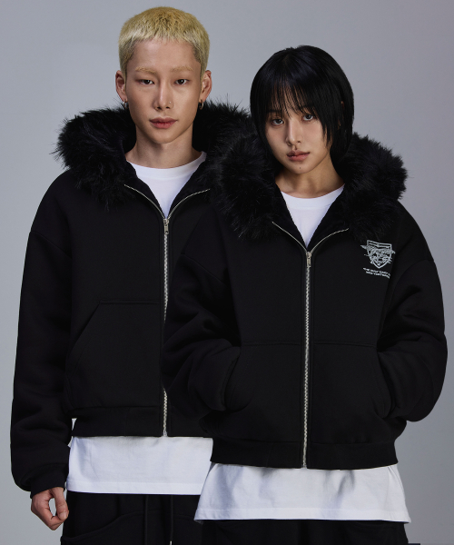 스켈리웩() 트리밍 퍼 기모 후드 집업[블랙] 상품 이미지