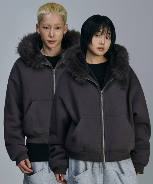 스켈리웩() 트리밍 퍼 기모 후드 집업[차콜] 상품 이미지