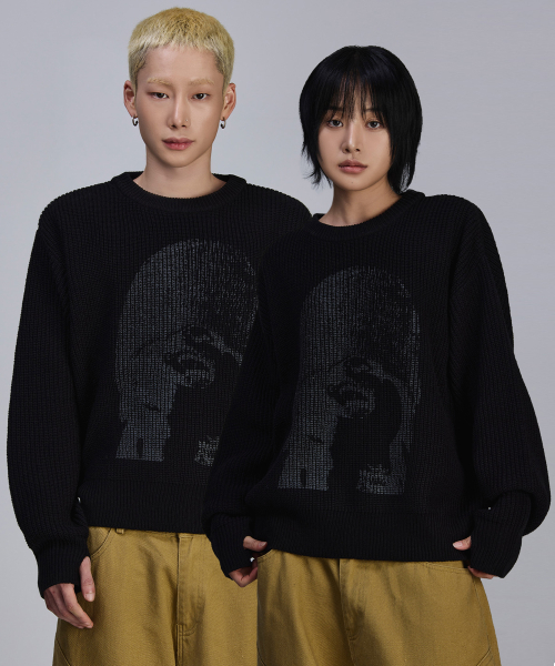 스켈리웩() 프린팅 핑거홀 리브드 니트[블랙] 상품 이미지