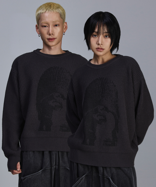 스켈리웩() 프린팅 핑거홀 리브드 니트[차콜] 상품 이미지