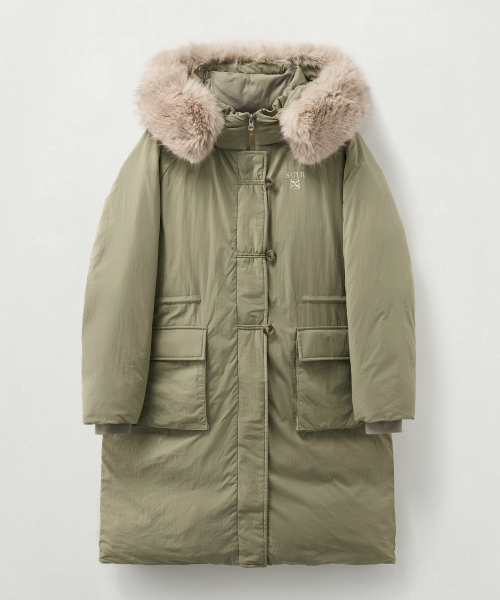 (W) Длинный пуховик с капюшоном и мехом Khaki