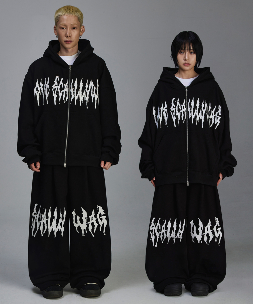 스켈리웩() 글리터 레터링 기모 후드 집업 셋업[블랙] 상품 이미지