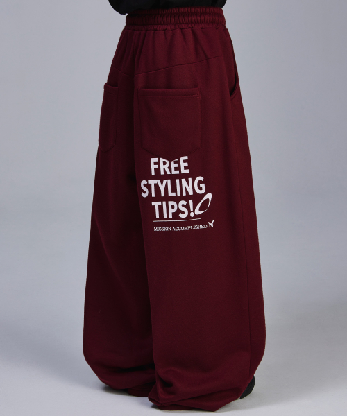 스켈리웩() 백 프린팅 와이드 기모 트레이닝 팬츠[와인] 상품 이미지