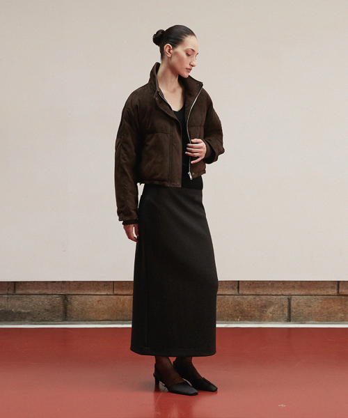 Suede Cropped Puffer Jacket_Deep brown