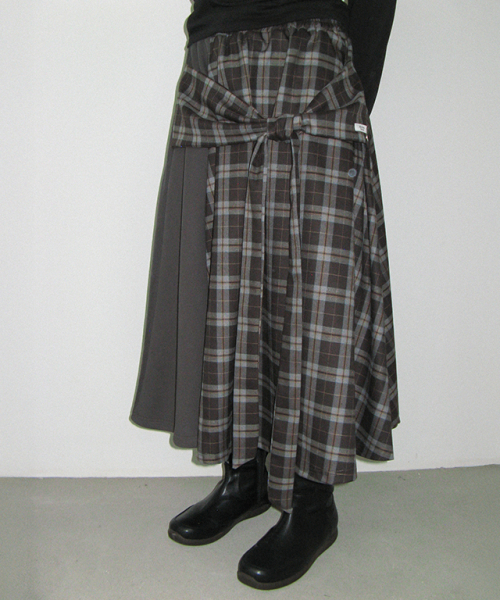 CHECK KNOT LAYERED WRAP SKIRT GREY