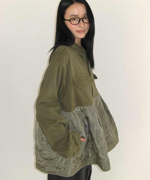 RIBBON QUILTED FRILL FIELD JACKET KHAKI