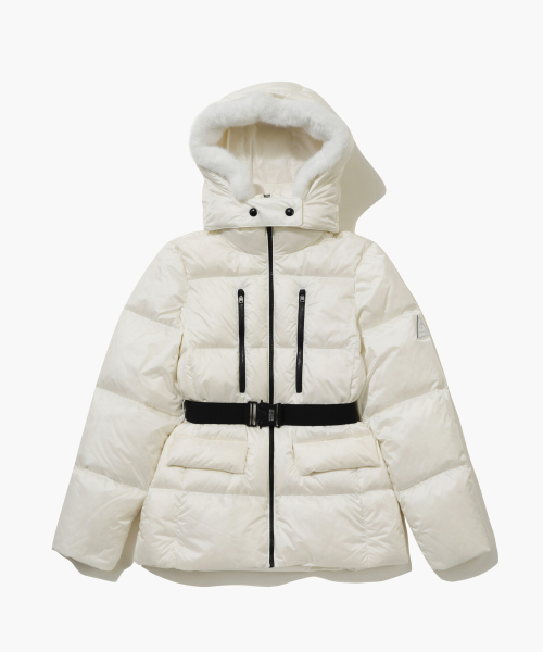 Женский пуховик средней длины с меховым капюшоном_CREAM GQ422LDJO5