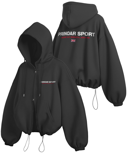 SPORT STRING OVERSIZE HOODED ZIP UP - BLACK