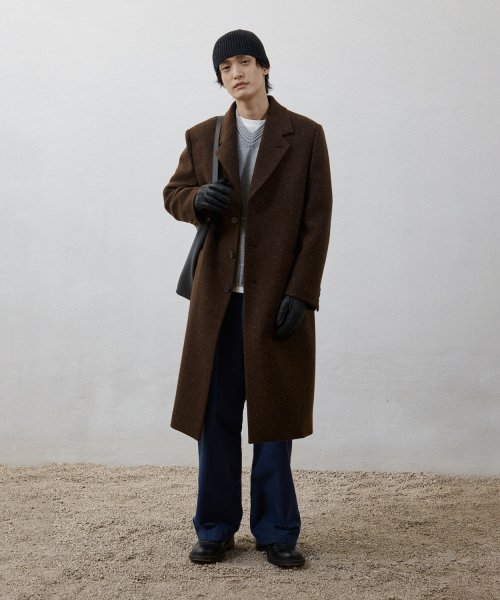 Leather Trim Chesterfield Coat - Herringbone Brown