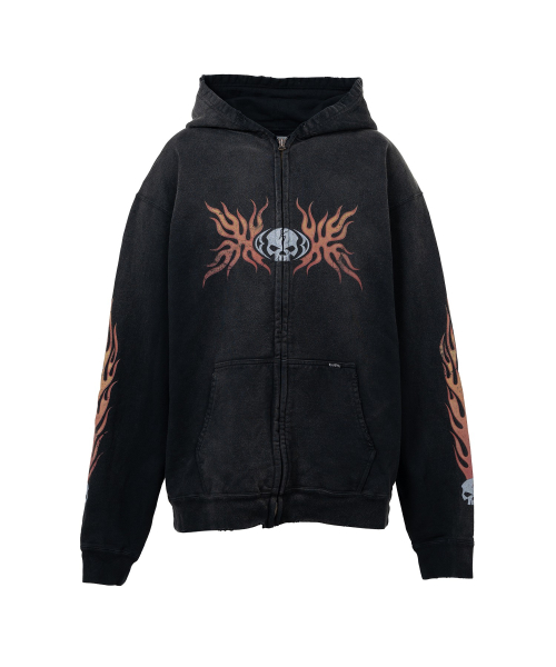 “Skull Flame”Distressed Zip Hoodie - BLACK