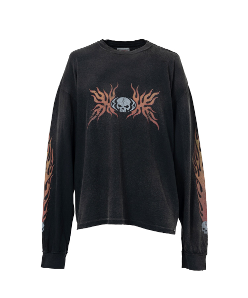 “Skull Flame”Distressed L/S Tee - BLACK