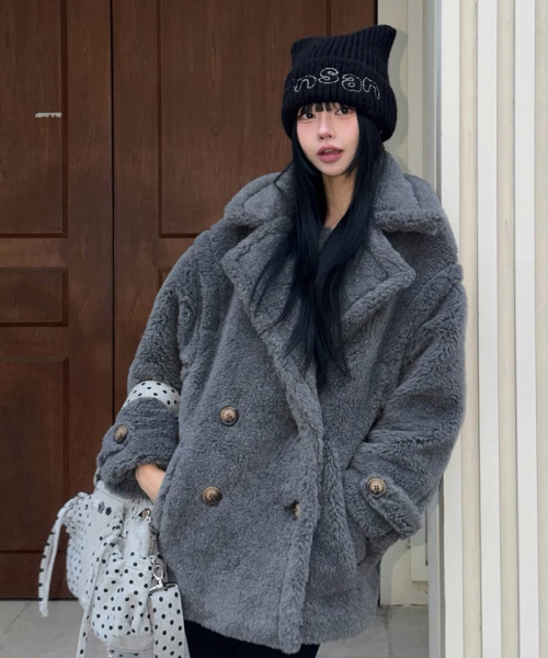 Полупальто оверсайз дабл из шерсти Teddy Bear [Dark Gray]