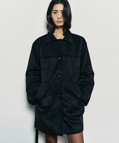 SUEDE BELTED HALF COAT_BLACK