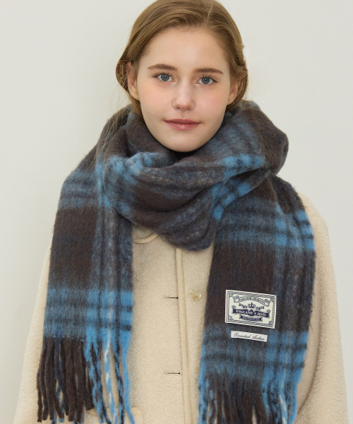 Wool Blended Tartan Checked Muffler - Blue brown