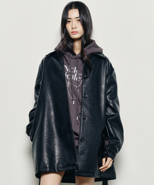 VINTAGE TEXTURED LEATHER BELTED COAT_BLACK
