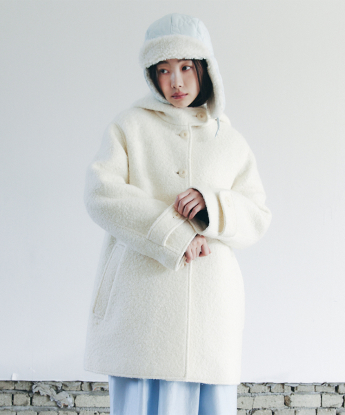 BOUCLE HOODED HALF COAT_IVORY