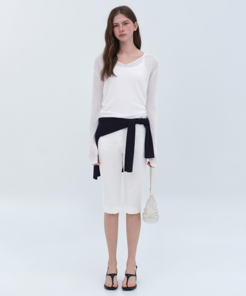 Womens Linen Blend Ribbed V-Neck Sheer трикотаж [White]
