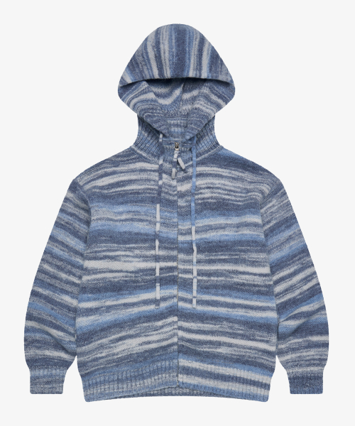 шерстяной stripe трикотаж с капюшоном zip-up_Blue